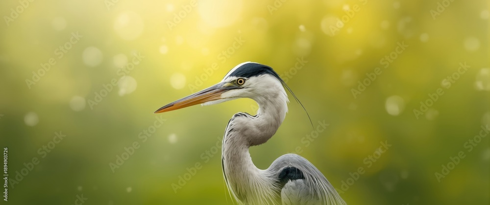 Naklejka premium Detailed shot of a heron against a green and yellow background, showcasing nature, white feathers, animal elegance, green and black accents, bird portrait and eye