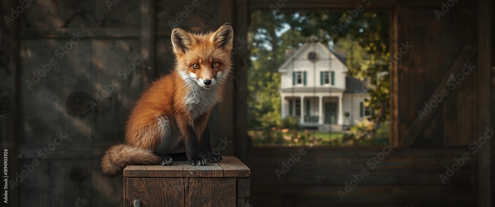 Obraz premium Wooden box with a fox in an open-air cage