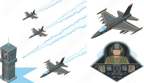 Military fighter jet aviation vector set with cockpit pilot airbase control tower formation flight defense illustration isolated