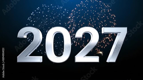Metallic 2027 text with colorful fireworks display on dark background
