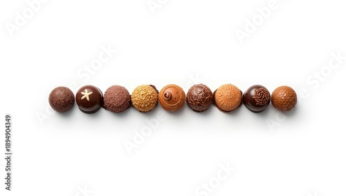 Assorted chocolate pralines on a white background highlighting confectionery detail, International Sweet Treats Day