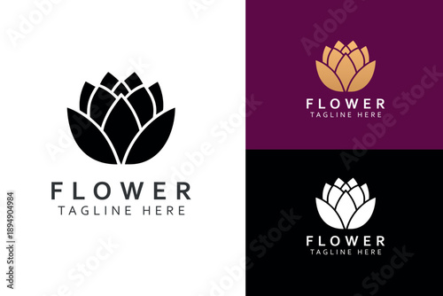 Lotus flower logo design variations in black gold and white for wellness and yoga brand identity