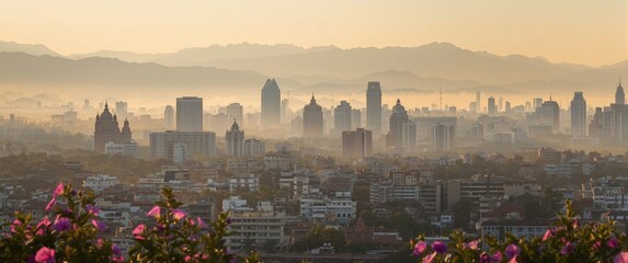Ethereal Fog and Morning Symphony: City Awakening with Mountains and Skylines