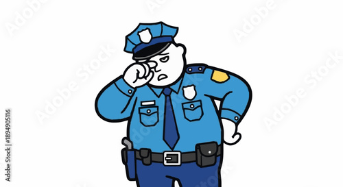 Tired Cartoon Police Officer Rubbing Eyes.