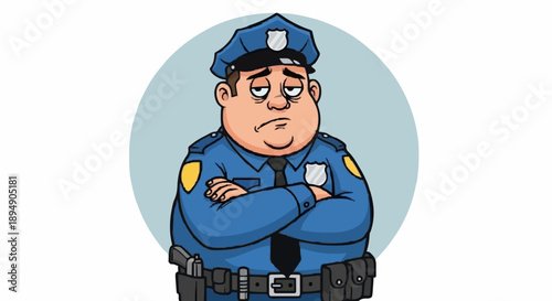 Tired Cartoon Police Officer Standing Arms Crossed.