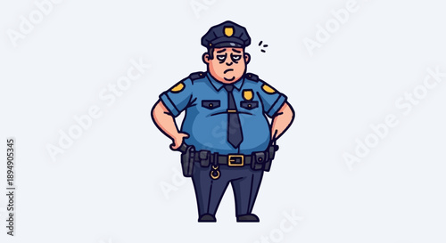 Tired Overweight Cartoon Police Officer Standing Exhausted.