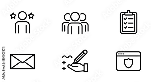 Set of vector icons representing people, writing, and security elements for visual communication