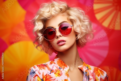 Wallpaper Mural Blonde woman with curly hair wearing red sunglasses and floral shirt posing in front of a vibrant and colorful background Torontodigital.ca
