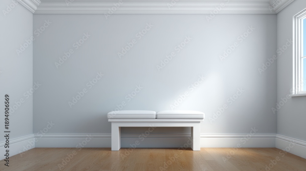 Fototapeta premium Minimalist interior design featuring a simple white bench against a light gray wall with natural sunlight streaming through a nearby window