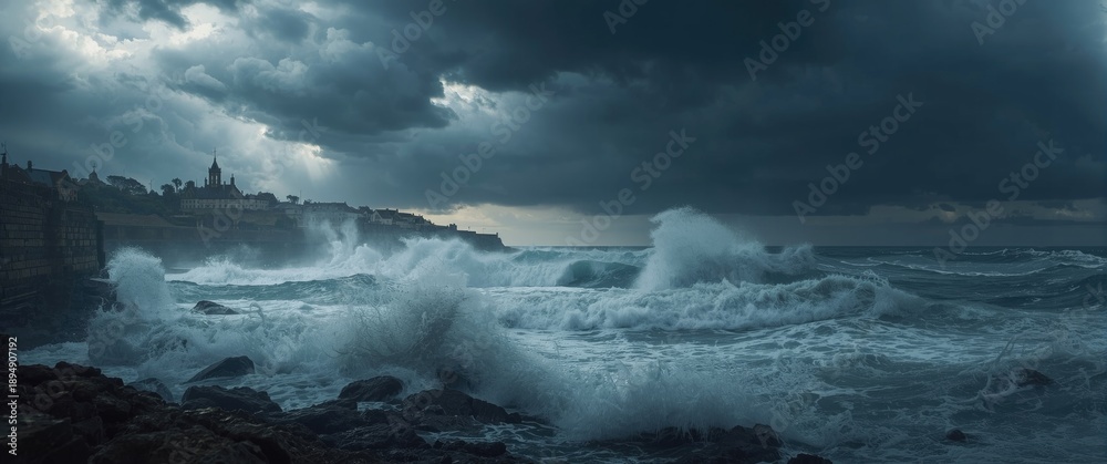 Obraz premium Stormy seascape featuring bad weather and thunderstorms