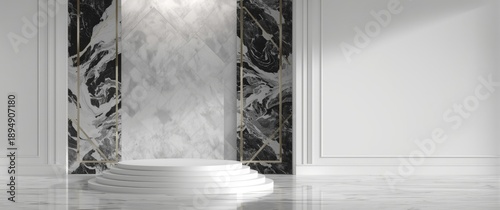 Isolated white pedestal steps against black rhombus marble background, featuring memorial board, art deco geometric frame, minimal abstract concept, clean blank space, fashion mockup