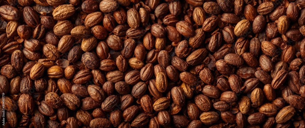 Fototapeta premium Cocoa beans arranged in the sun with a brown backdrop
