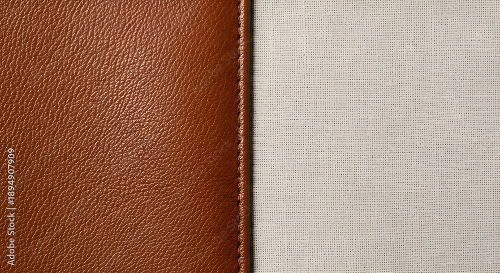 Fototapeta premium Close-up texture of rich brown leather stitched to a beige woven fabric, showcasing contrast and quality materials