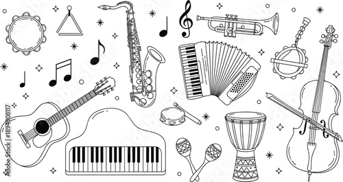 Large Collection of Musical Instrument Icons Featuring Acoustic Guitar Piano Saxophone Accordion Cello Trumpet and Percussion with Decorative Musical Notes in Minimalist Line Art Style
