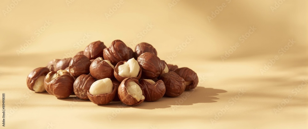 Fototapeta premium Hazelnut in brown color: Organic healthy snack, group of food ingredients, filbert nutshell seed, natural protein fruit macro, vegetarian nutrition
