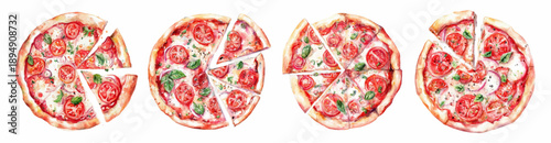 Hand-drawn pizza slices in vintage watercolor style. Delicious Italian food illustrations with cheese, pepperoni toppings. Ideal for restaurant menus, culinary posters, retro designs. 