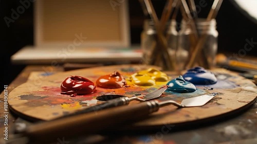 Palette of vibrant paints and tools for creating art in studio
