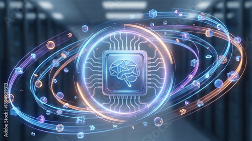 AI artificial intelligence processor chip brain technology data center advanced machine learning neural network and high speed cloud computing in a futuristic digital server room.