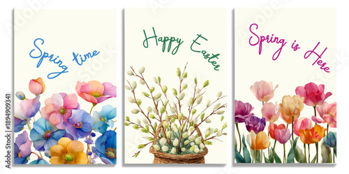 Spring floral card collection featuring watercolor tulips, willow, and wildflowers. Pink botanical bouquet frames with garden blooms perfect for wedding invitations and posters. Vector illustration.