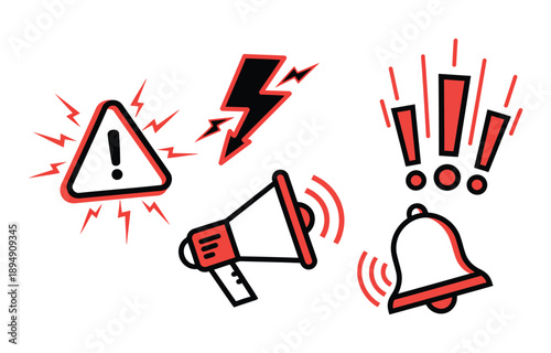 Collection of hand-drawn warning icons including megaphone exclamation mark alert symbols and danger signs