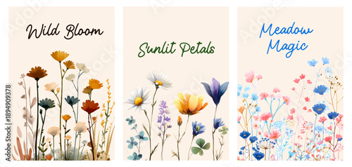 Watercolor wildflower postcard set featuring delicate spring blooms, botanical illustrations, and garden florals perfect for greeting cards and creative projects. Vector illustration.