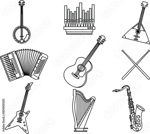 Musical Instrument Icon Set Featuring Acoustic and Electric Guitars Saxophone Accordion Harp Banjo Pipe Organ and Crossed Drumsticks in Minimalist Black Line Art Style