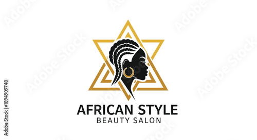 Professional logo for an African style beauty salon featuring a woman with braided hair profile inside a geometric golden star.