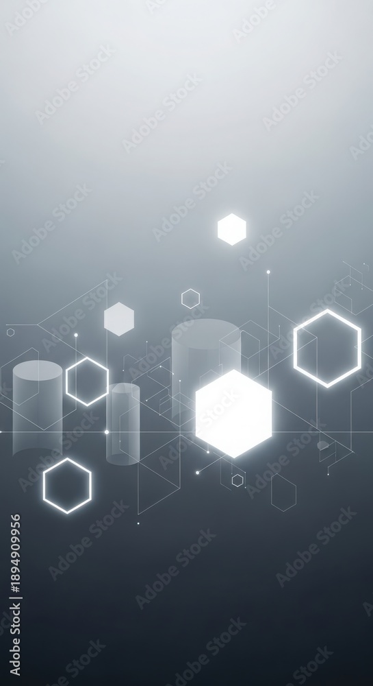 Fototapeta premium Abstract geometric background with glowing hexagons and cylinders