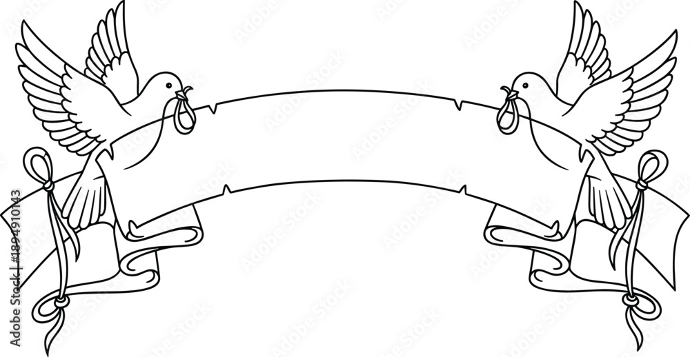 Fototapeta premium Two Peace Doves Flying and Carrying a Large Blank Ribbon Banner for Wedding Celebration and Message Greeting in Minimalist Line Art Style