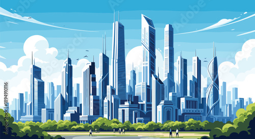 Vibrant futuristic cityscape featuring tall glass skyscrapers and a lush green park with people enjoying outdoor activities.