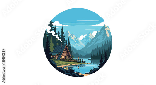 Cozy A-frame wooden cabin situated by a peaceful lake with majestic mountains and a pine forest under a blue sky.