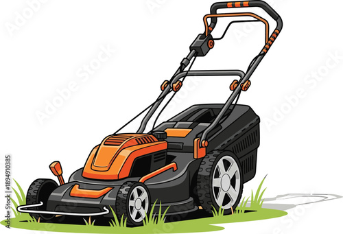 Orange push lawn mower with grass cutting deck vector illustration
