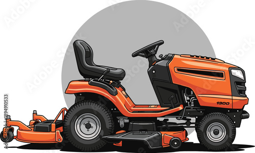 Orange riding lawn mower with grass cutting deck detailed vector illustration