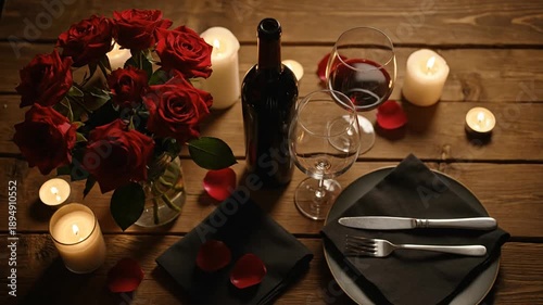 Romantic dinner table setting with roses wine candles and cutlery