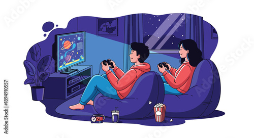 Young couple sitting on bean bags playing video games on a television screen in a dark room with a starry window view.