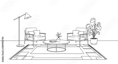 Interior design sketch of a modern living room seating area.