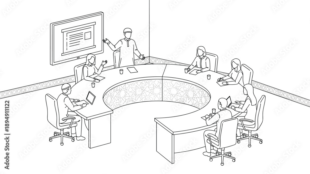 Obraz premium Corporate Presentation in a Conference Room with People at a Horseshoe Table Line Art, Generative AI.