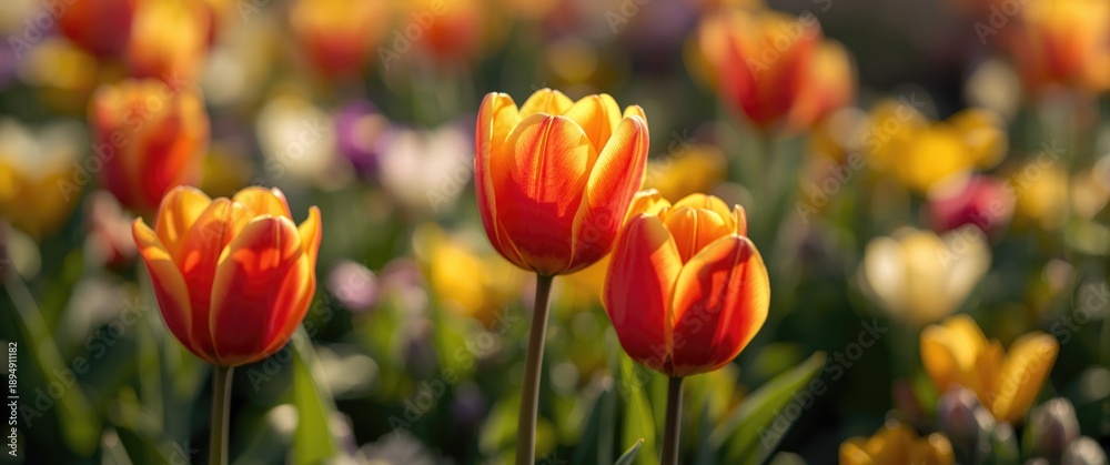 Fototapeta premium Selective focus on red and yellow tulips in a spring flowerbed