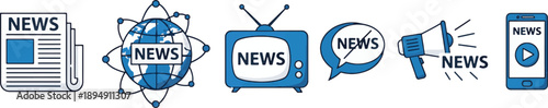 Mass media news icons including newspaper tv global web and megaphone