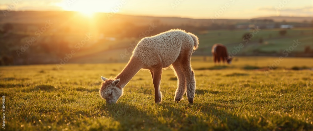Obraz premium A juvenile alpaca munching grass