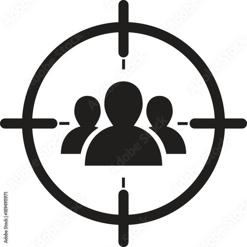 Target Audience and Customer Segmentation Icon. Black Silhouette of People in Crosshair Symbol for Marketing Strategy and Consumer Research