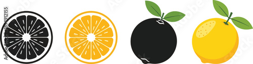 Lemon and orange citrus fruit slices with fresh green leaves icons