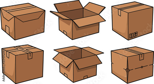 Cardboard box collection set with open and closed brown package art