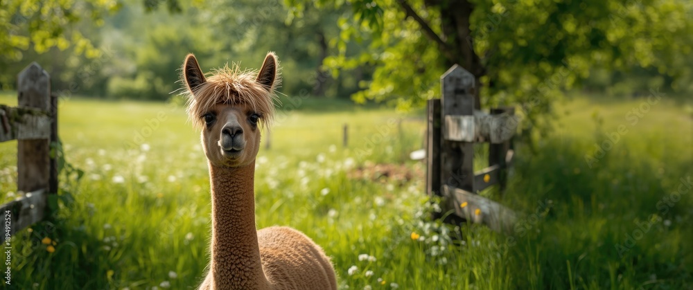 Obraz premium Pasture scene featuring a brown alpaca with hay on its head