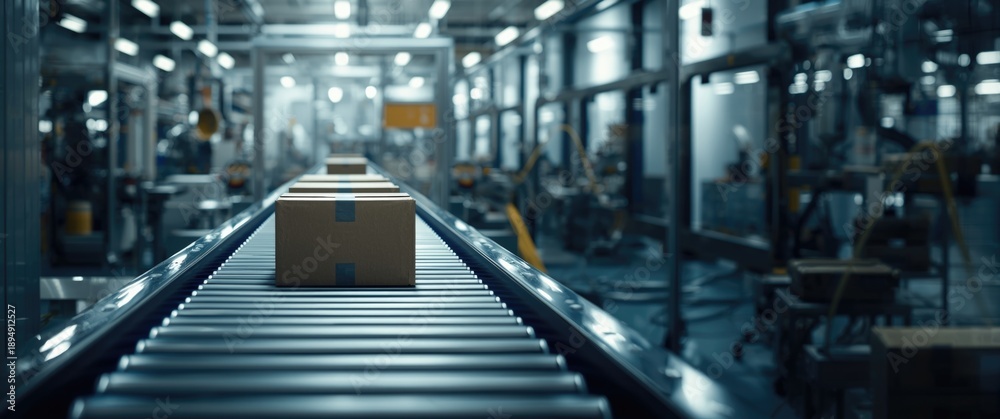 Obraz premium Automated box transport with conveyor system in factory environment