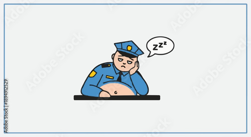 Tired Police Officer Sleeping at Desk.