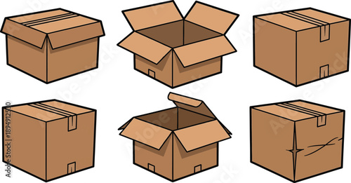 Set of six brown cardboard boxes, open and closed, with tape