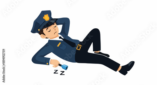 Tired Police Officer Sleeping on Duty Exhausted Law Enforcement.