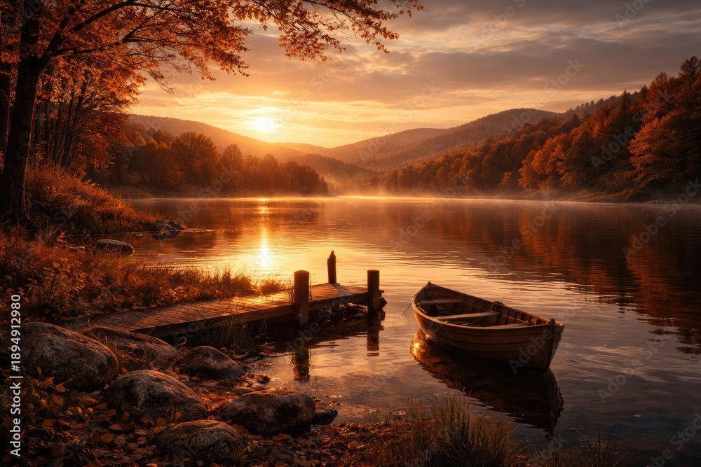 Obraz premium Calm fall sunset scene capturing lake serenity and softly rolling hills