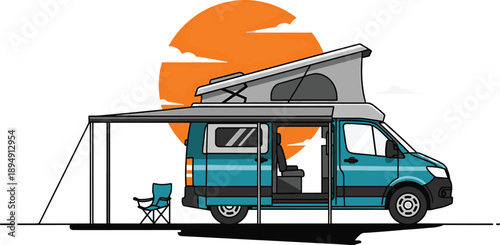 Camper van with awning and chairs, camping trip.